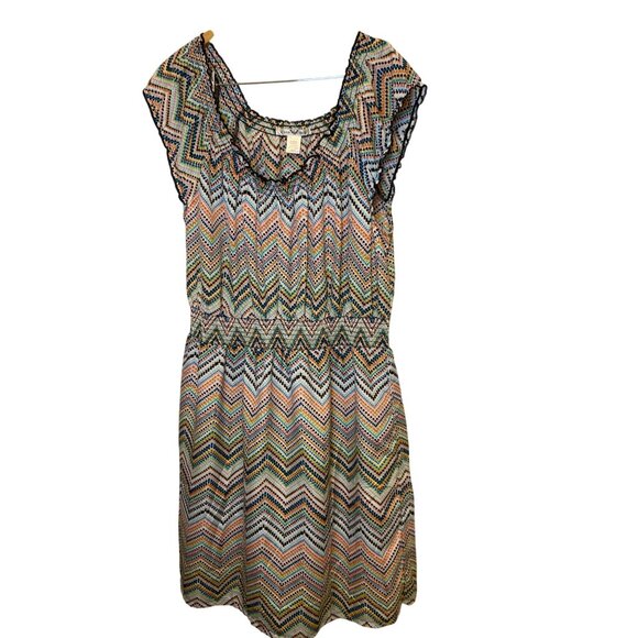 Christine Multicolor Zigzag Print Ruffle Cap Sleeve Dress L - Picture 1 of 5
